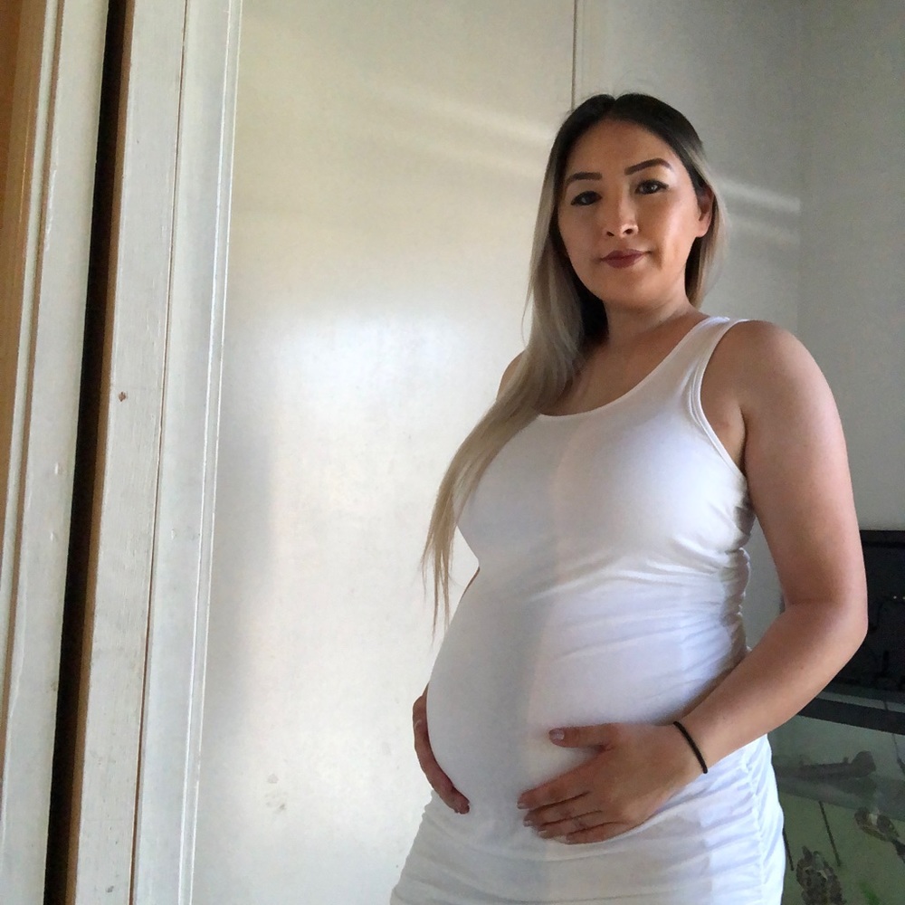 White Solid Ruched Fitted Bodycon Midi Maternity … - image 3